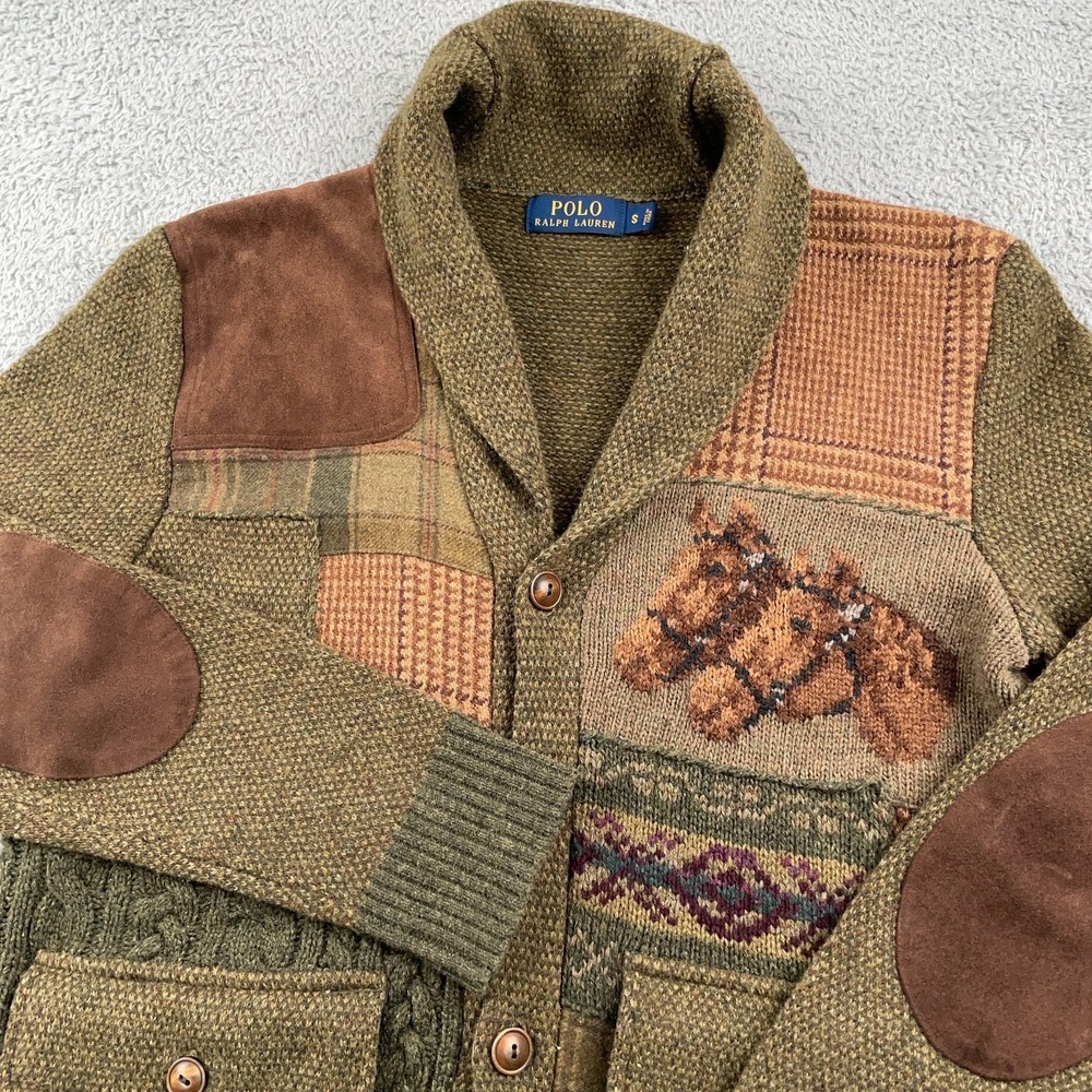 Polo Ralph Lauren Sweater Mens Small Patchwork Shawl Collar Cardigan Equestrian